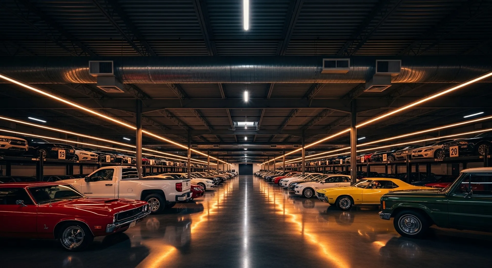 Dark premium indoor vehicle storage concept with stacked cars and polished floors