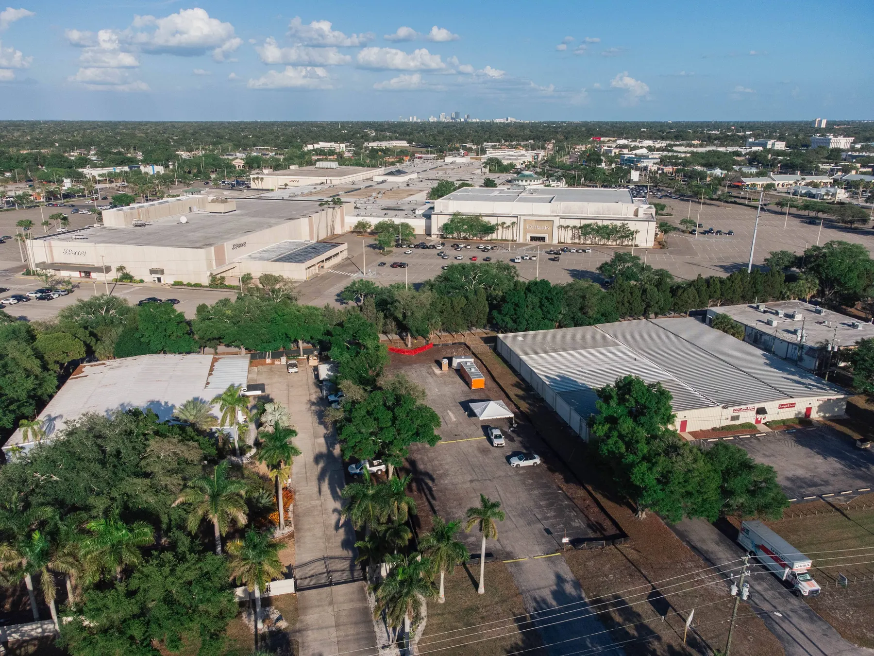Wide aerial view showing the Anvil Auto Vault site near St. Petersburg landmarks